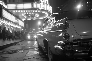 1950s sci-fi movie premiere, marquee lights and vintage cars, excitement in the air - obrazy, fototapety, plakaty