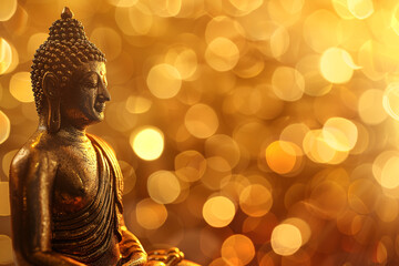 golden statue of Buddha and copy space over golden background, Buddha Purnima background