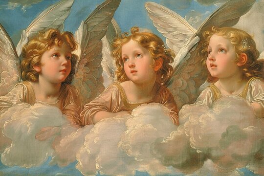 Angels in a renaissance painting, divine inspiration, ethereal beauty in a retro style 