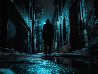 Fotobehang Dark alley dealings in a noir inspired cityscape, mystery and suspense, shadowy figures  © AlexCaelus
