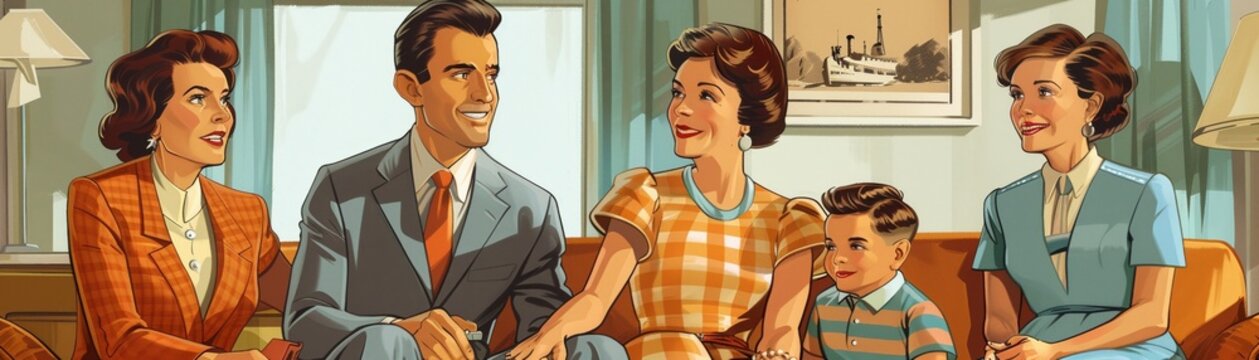 Family Diversity depicted in a 50s sitcom setting, modern values, vintage style