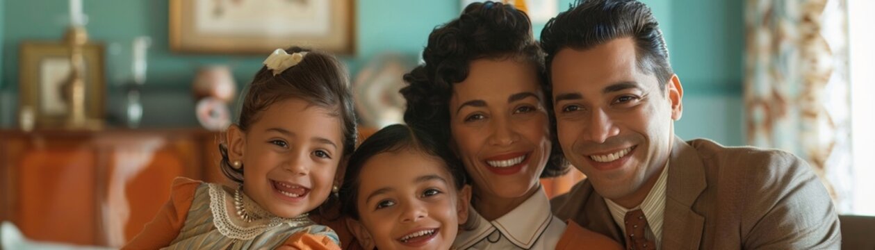Family Diversity depicted in a 50s sitcom setting, modern values, vintage style