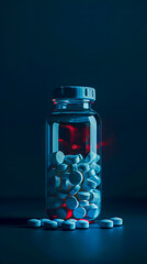 Clear Pill Bottle With Assorted Medications on Dark Background