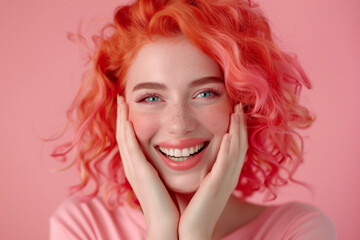 Naklejka premium Happy woman with bright red hair smiling