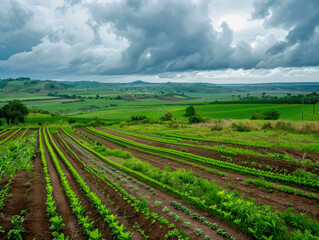 Fototapeta na wymiar Verdant Farmland Under Stormy Skies in Wet Season