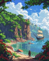 Image of Open World exploration in a vintage pixel art video game, endless adventure, nostalgia printed on Printed Glass Basin Splashbacks