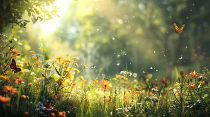 Schilderijen op glas Serene Meadow with Wildflowers and Butterflies in Sunlight © Napat