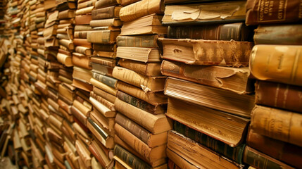 Neglected Stacked Books Collecting Dust in Library