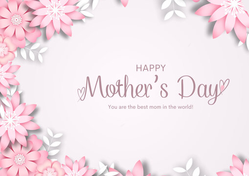 Happy Mother’s day with beautiful flowers on soft pink background. Vintage greeting or invitation card vector illustration design for mom day.