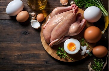 chicken with fried eggs placed on a rustic wooden surface, proteins rich foods, healthy morning food - obrazy, fototapety, plakaty