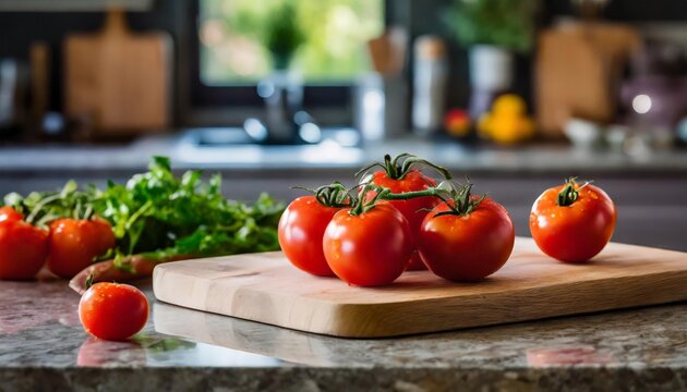 A selection of fresh vegetable: tomatoes, sitting on a chopping board against blurred kitchen background; copy space