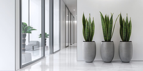 Modern office corridor with potted snake plants. Reflective marble floor and tall plant pots in a corporate building hallway