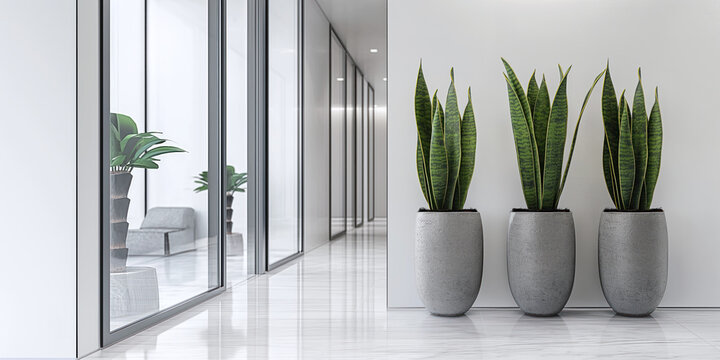 Modern office corridor with potted snake plants. Reflective marble floor and tall plant pots in a corporate building hallway