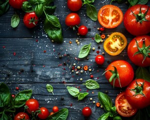 Juicy ripe tomatoes and fresh basil leaves on a rustic wooden surface, embodying the simplicity of fresh produce. - Powered by Adobe