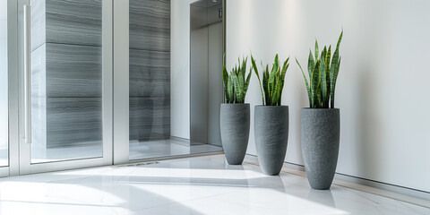 Modern office hallway with potted snake plants. Elevator and potted snake plants in a bright office lobby