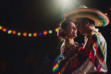 couple dancing in mexican traditional costumes, cinco de mayo background with copy space