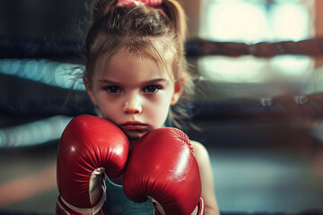 cute little girl in red boxing gloves, training in gym