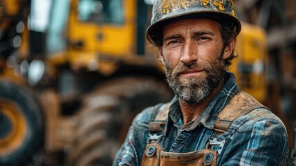 A man in a dirty work suit stands next to a large yellow construction machine