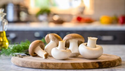 A selection of fresh vegetable: trumpet mushrooms, sitting on a chopping board against blurred...