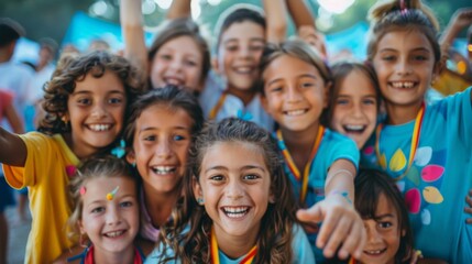 Fototapeta premium A group of young girls with smiles taking a selfie at a festive event, representing friendship and fun