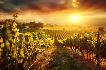 beautiful vineyards with sunset sky on the background