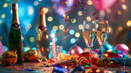 An image of a celebratory New Year's Eve setup with glasses of champagne, party decorations, and colorful lights