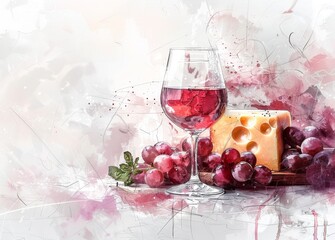 A watercolor-inspired artistic depiction of wine and cheese, perfect for creative and culinary backgrounds.