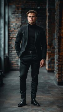 A young man dressed in stylish black attire poses confidently in an urban setting, exuding elegance and modern style