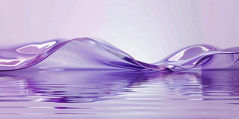  Abstract violet background with curvy glass ribbon and reflection on the water surface.