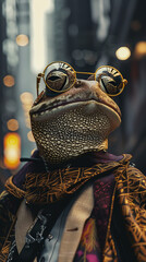 Fototapeta premium A dapper frog wearing sunglasses and a suit, standing in front of a blurred city background.