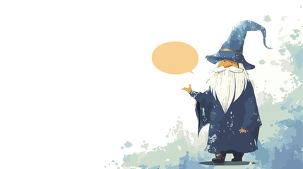 Cartoon floating wizard with speech bubble in grunge