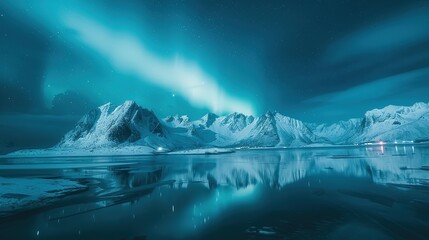 Aurora borealis on the Lofoten islands, Norway. Night sky with polar lights. Night winter landscape with aurora and reflection on the water surface. Natural background in the Norway