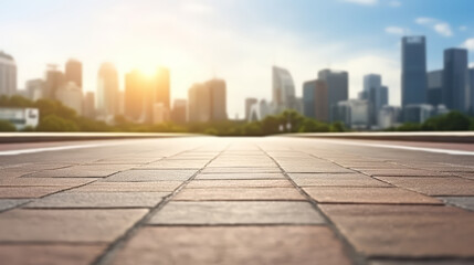 Selective focus , Empty road floor surface with modern city landmark buildings,  safety on road - obrazy, fototapety, plakaty