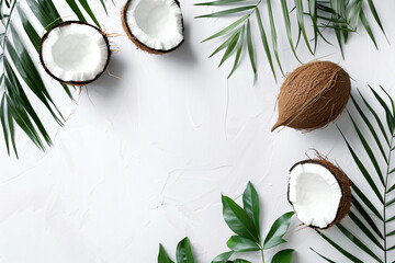 Fototapeta na wymiar Top view of coconut with leaves on white background with copy space