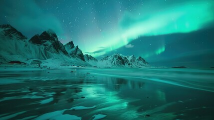Naklejka premium Aurora borealis on the Lofoten islands, Norway. Night sky with polar lights. Night winter landscape with aurora and reflection on the water surface. Natural background in the Norway