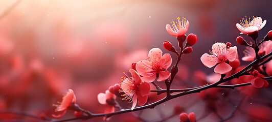 Branches of red Sakura on joyful and vibrant spring colors background with blurred sunlight, growing buds and blooming springtime flowers in nature - obrazy, fototapety, plakaty