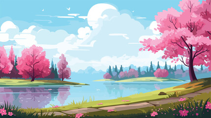 Obraz premium Cartoon spring landscape with pink flowering trees