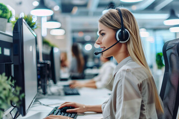 Portrait of female customer service helpline operator in headphones