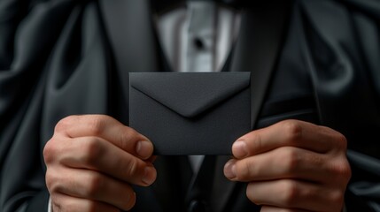 A business card designed to look like a black tuxedo