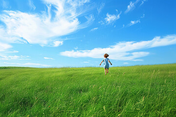 Child running on green field and blue sky with clouds on background