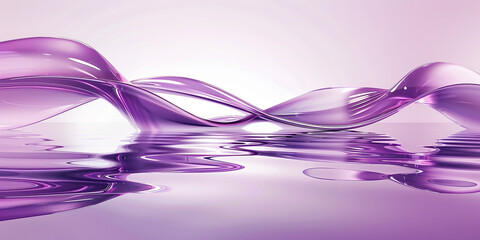  Abstract violet background with curvy glass ribbon and reflection on the water surface.