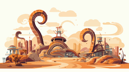 A desert landscape with giant mechanical snakes Flat - obrazy, fototapety, plakaty
