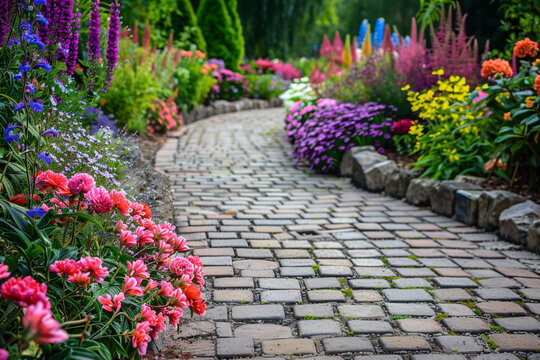 Fototapeta Grey brick road in garden with flowers
