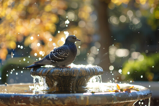 Close up of pigeon in fountain in the park