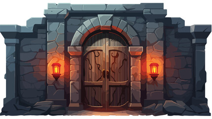Castle dungeon with old wooden door. Vector cartoon illustration