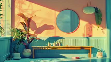 Serene Bathroom Interior with Vibrant Tropical Plants