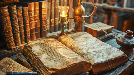 Vintage Books and Manuscripts Under Candlelight Setting