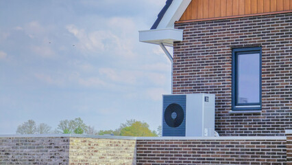 air source heat pump unit installed outdoors at a modern home with bricks in the Netherlands at...