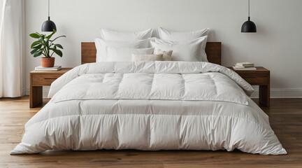 Comfortable bed with clean white bedding and soft pillows. Minimalist bedroom with white bed linen, relaxation concept