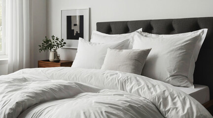 Comfortable bed with clean white bedding and soft pillows. Minimalist bedroom with white bed linen, relaxation concept